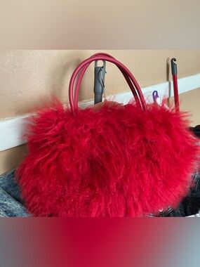 Red Faux Fur Tote Bag with Double Handles